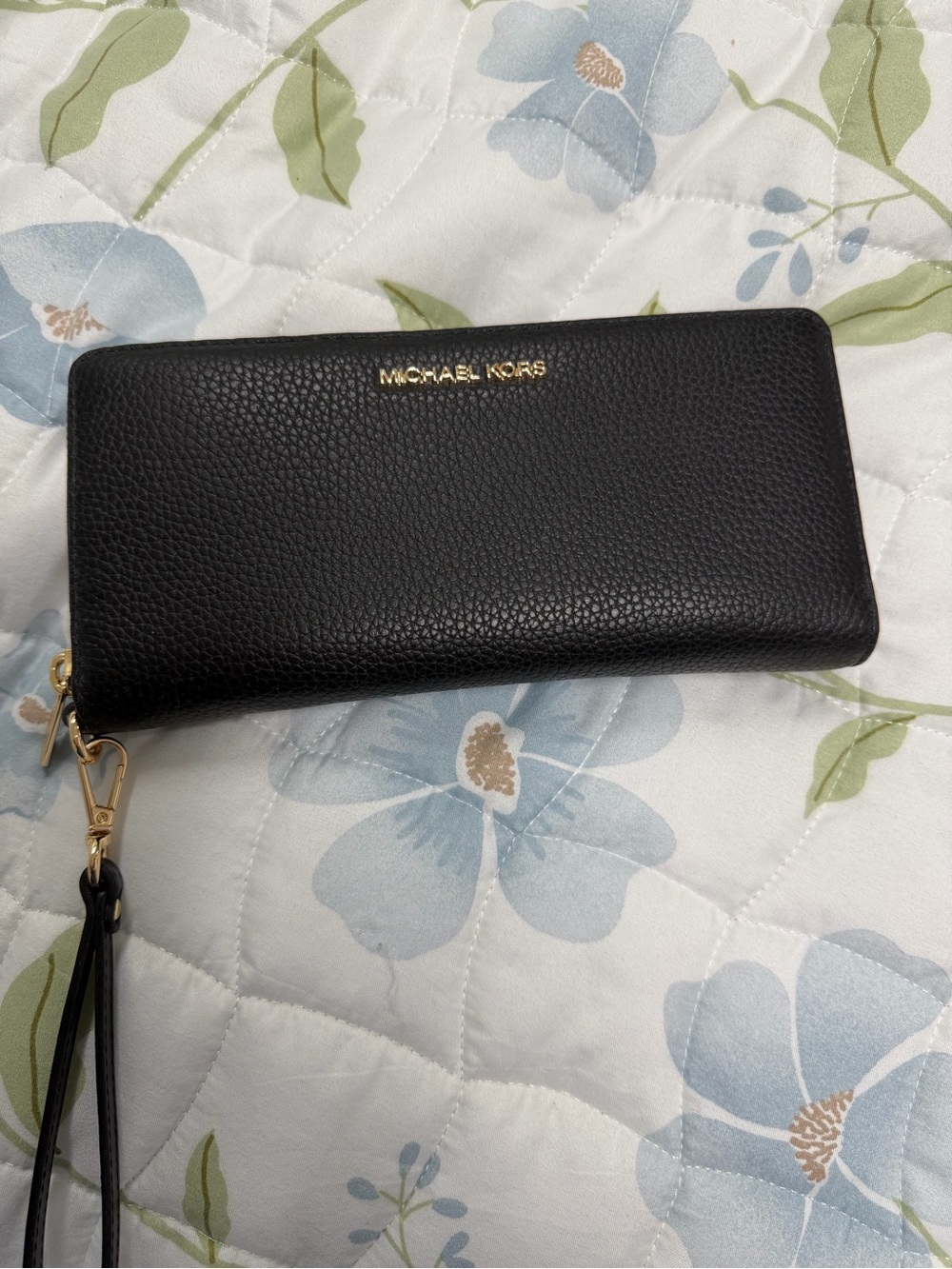 Michael Kors Black Pebbled Leather Zip-Around Wallet with Gold Hardware